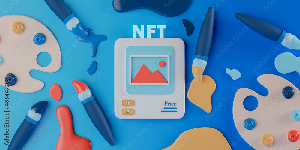 Poster 3d rendering concept nft or non fungible token for artwork. brushes and pain plates with nft billboa