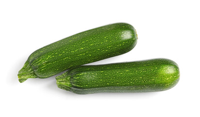 Raw ripe zucchinis on white background, top view