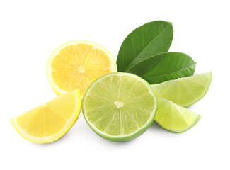 Cut fresh ripe lemon, lime and green leaves on white background