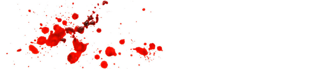 Spots of blood. Red blood splatter and drops isolated On white background . Murder and crime concept. - obrazy, fototapety, plakaty