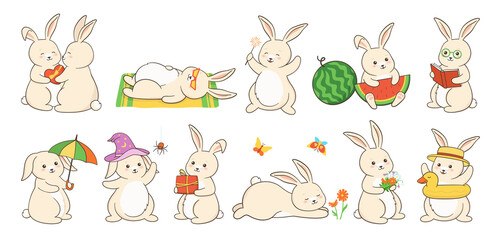 Rabbit flat cartoon animal set. Bunny or cute hare lies on beach, gives gift, reads book, eats watermelon, holds umbrella, halloween wizard, bathes with circle, hold gift box. Pet vector illustration