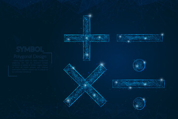Abstract isolated blue image of a math signs. Polygonal illustration looks like stars in the blask night sky in spase or flying glass shards. Digital design for website, web, internet. © Katsiaryna