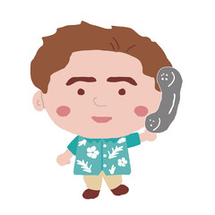 受話器を持つ沖縄のかりゆしウェアを着た男性　イラスト素材