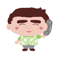 受話器を持つ沖縄のかりゆしウェアを着た男性　イラスト素材