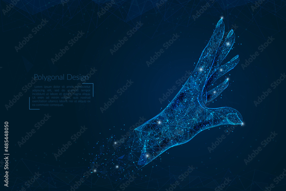 Wall mural Abstract isolated image of human palm. Polygonal illustration looks like stars in the blask night sky in spase or flying glass shards. Digital design for website, web, internet.