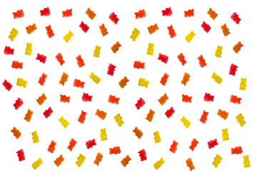 Jelly bears candy isolated on a white background. Jelly multi-colored bears assorted set on a white background.Sweet pattern in yellow and red colors. Sweets and desserts.