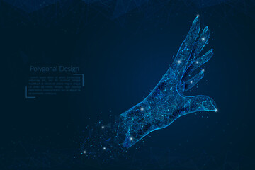 Abstract isolated image of human palm. Polygonal illustration looks like stars in the blask night sky in spase or flying glass shards. Digital design for website, web, internet. © Katsiaryna