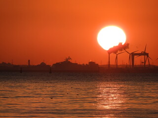 太陽と朝焼けに映る工場