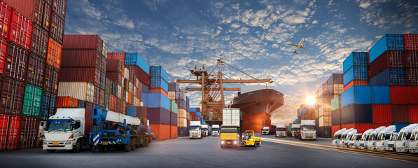 Container truck in ship port for business Logistics and transportation of Container Cargo ship and...