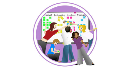 Illustration of agile team framed in circles grabbing project tasks on stickies arranged on a whiteboard