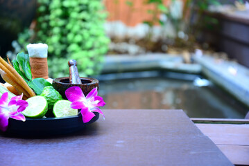 Thai spa massage. Spa treatment cosmetic beauty. Therapy aromatherapy for care body women with candles for relax wellness. Aroma and salt scrub setting ready healthy lifestyle
