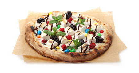 Tasty sweet pizza with berries, marshmallows and candies isolated on white