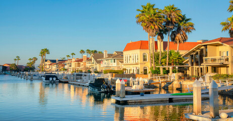 Intracoastal houses with boats and docks at the front at Coronado, San Diego, California