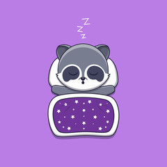 cute raccoon sleeping with pillow and blanket