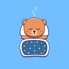 cute bear sleeping with pillow and blanket