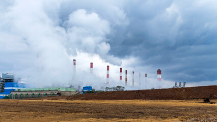 Power plant chimneys use lignite as fuel
