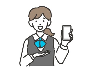 スマホをもって説明をする家電量販店や電気屋、ショップ店員のベクターイラスト素材／接客／ベスト／社員／小売