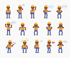 Black or indian construction worker showing various emotions. Builder crying, laughing, happy, tired, angry and showing other expressions. Modern vector illustration