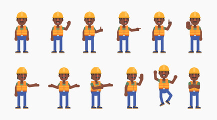 Cheerful black or indian construction worker showing various hand gestures. Builder with hard hat pointing, greeting, showing thumb up and other hand gestures. Modern vector illustration