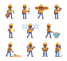 Set of black or indian construction workers showing various actions. Cheerful workman holding drill, jackhammer, ladder and other tools. Modern vector illustration