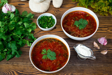Two deep plates of borscht. Traditional Russian-Ukrainian beet soup. Traditional dish of the Eastern Slavs, the main first course. Served with sour cream, parsley and garlic.