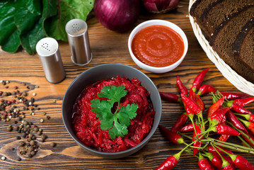 Beets stewed with carrots, onions and chili peppers. Vegetable side dish. Served with tomato sauce and rye bread.