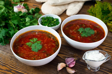 Two deep plates of borscht. Traditional Russian-Ukrainian beet soup. Traditional dish of the Eastern Slavs, the main first course. Served with sour cream, parsley and garlic.