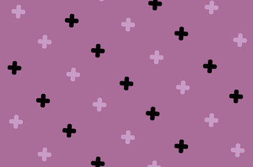 Pattern of black and pink geometric shapes in retro, memphis 80s 90s style. Crosses shapes on pink background. Vintage abstract background