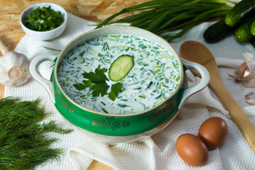 Okroshka on kefir. Traditional East Slavic cold vegetable soup with kefir and boiled egg.
