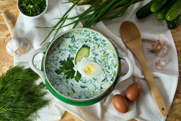 Okroshka on kefir. Traditional East Slavic cold vegetable soup with kefir and boiled egg.