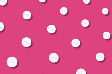 Colorful pattern of pills on pink background with shadows. Seamless pattern with tablets. Medical, pharmacy and healthcare concept