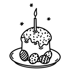 Traditional Easter cake, painted eggs on a plate. Hand drawn vector icon isolated on white background. Festive dessert with icing, sprinkles, burning candle. Simple monochrome doodle, outline
