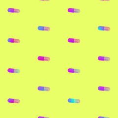 Pills pattern on vibrant gradient holographic neon colors. Concept art. Seamless pattern with capsules. Medical, pharmacy and healthcare concept