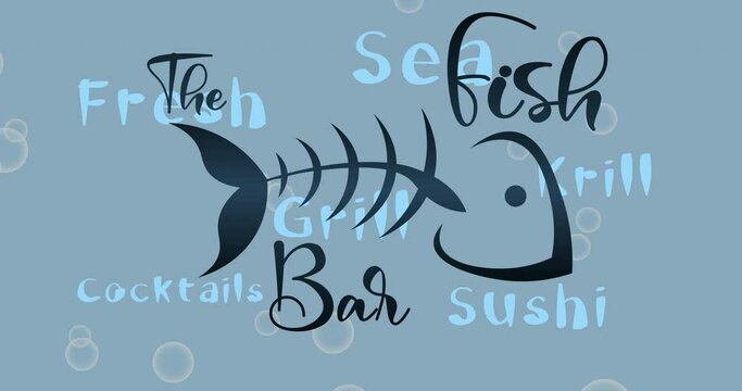 animated abstract logo of a fish bar from a fish skeleton and inscriptions
