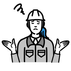 両手を上げて困っているヘルメットをかぶった現場作業員の女性