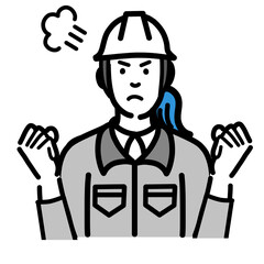 怒っているヘルメットをかぶった現場作業員の女性