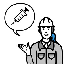 ワクチン、予防接種の説明をしているヘルメットをかぶった現場作業員の女性
