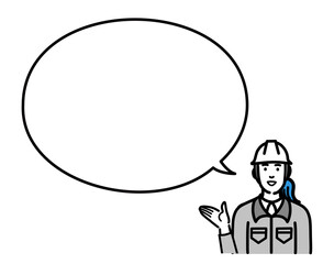 吹き出しで提案するヘルメットをかぶった現場作業員の女性
