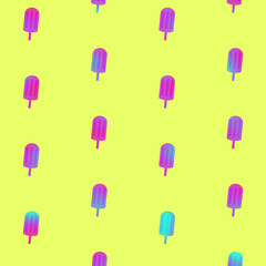 Popsicles pattern in vibrant gradient holographic neon colors. Concept art. Minimal surrealism background. Seamless pattern with ice cream. Top view