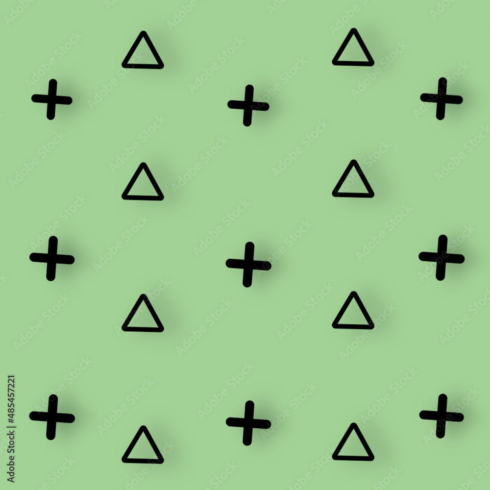 Poster pattern of black geometric shapes in retro, memphis 80s 90s style. triangles and crosses shapes on g