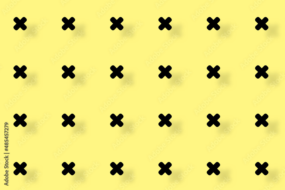 Poster pattern of black geometric shapes in retro, memphis 80s 90s style. crosses shapes on yellow backgrou