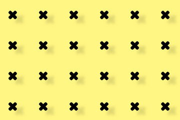 Pattern of black geometric shapes in retro, memphis 80s 90s style. Crosses shapes on yellow background with shadows. Vintage abstract background