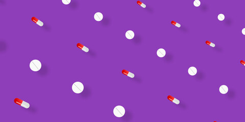 Colorful pattern of pills on violet background with shadows. Seamless pattern with capsules and tablets. Medical, pharmacy and healthcare concept
