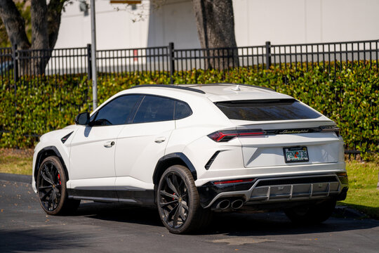 Miami, FL, USA - February 5, 2022: Photo of a new white Lamborghini Urus