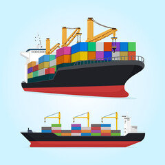 Ship Cargo Ocean Freight Forwarding Boat Transportation Marine Logistics Vector Illustration Set - obrazy, fototapety, plakaty