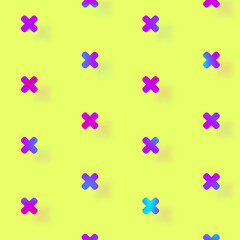Fototapeta na wymiar Pattern of geometric shapes in vibrant gradient holographic neon colors. Retro, memphis 80s 90s style. Crosses shapes on yellow background. Vintage abstract background