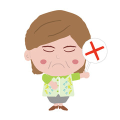 沖縄のかりゆしウェアを着た中年女性がバツ札を持っている