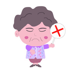 沖縄のかりゆしウェアを着た中年女性がバツ札を持っている