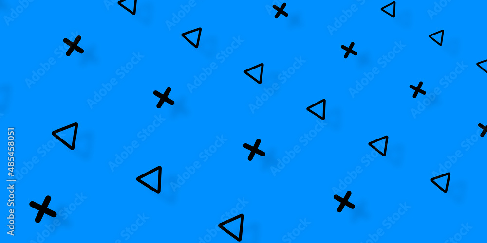 Poster pattern of black geometric shapes in retro, memphis 80s 90s style. triangles and crosses shapes on b