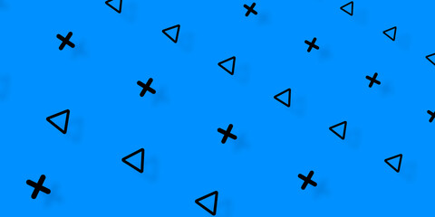 Pattern of black geometric shapes in retro, memphis 80s 90s style. Triangles and crosses shapes on blue background with shadows. Vintage abstract background